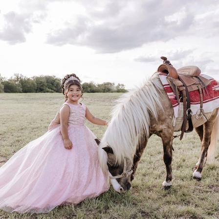 A girl in a pink gown poses in an open field while a palomino pony grazes beside her.