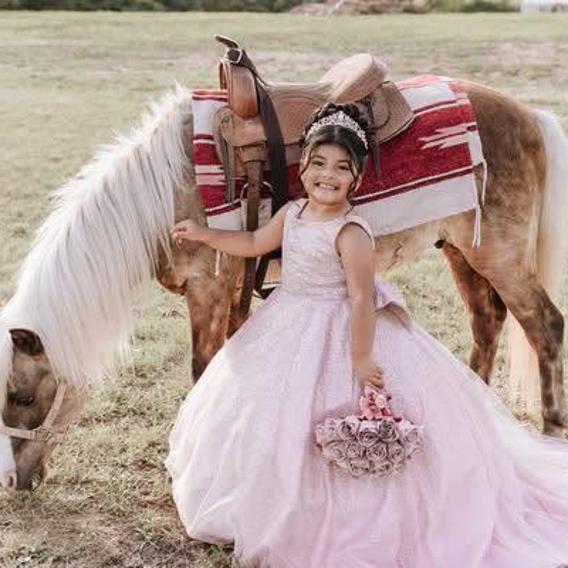 A girl in a pink tulle gown and tiara stands beside a saddled pony for a themed photo session.